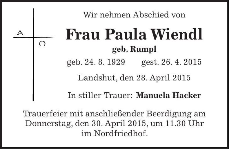 Traueranzeige Paula Wiendl