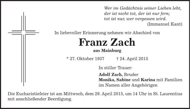Traueranzeige Franz Zach