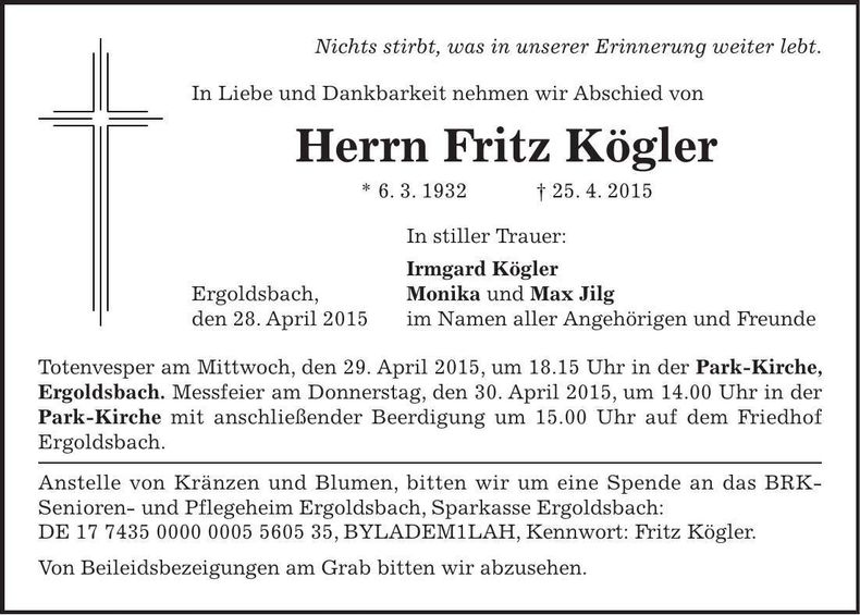 Traueranzeige Fritz Kögler