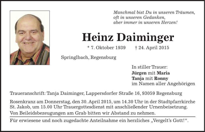 Traueranzeige Heinz Daiminger