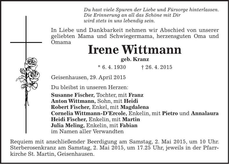 Traueranzeige Irene Wittmann