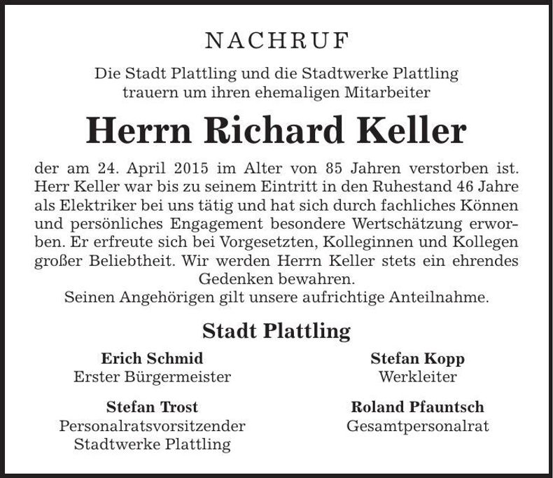 Traueranzeige Richard Keller