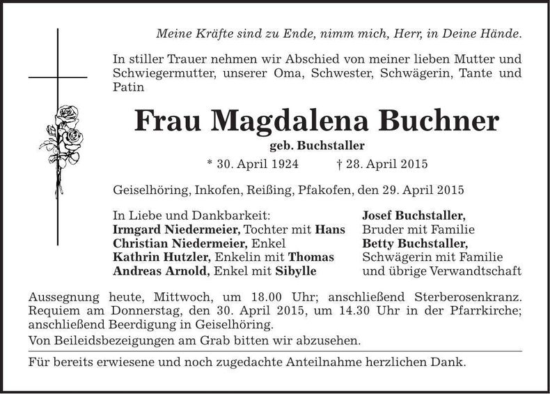 Traueranzeige Magdalena Buchner