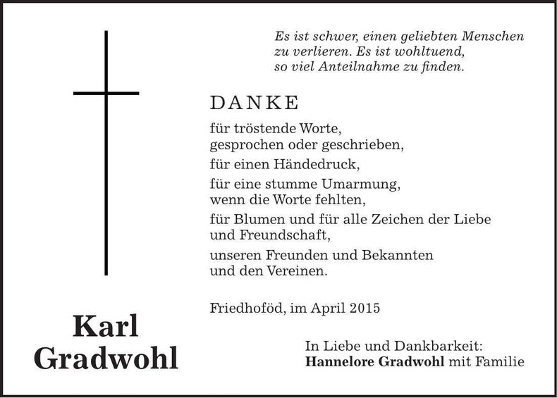 Traueranzeige Karl Gradwohl