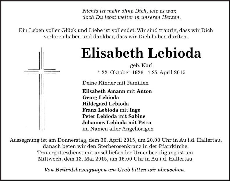 Traueranzeige Elisabeth Lebioda
