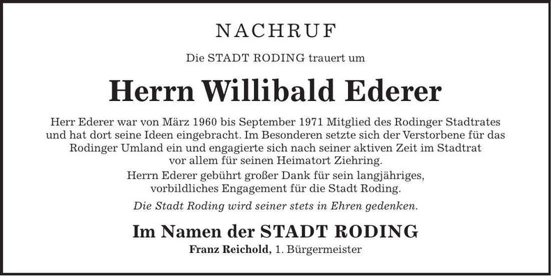 Traueranzeige Willibald Ederer