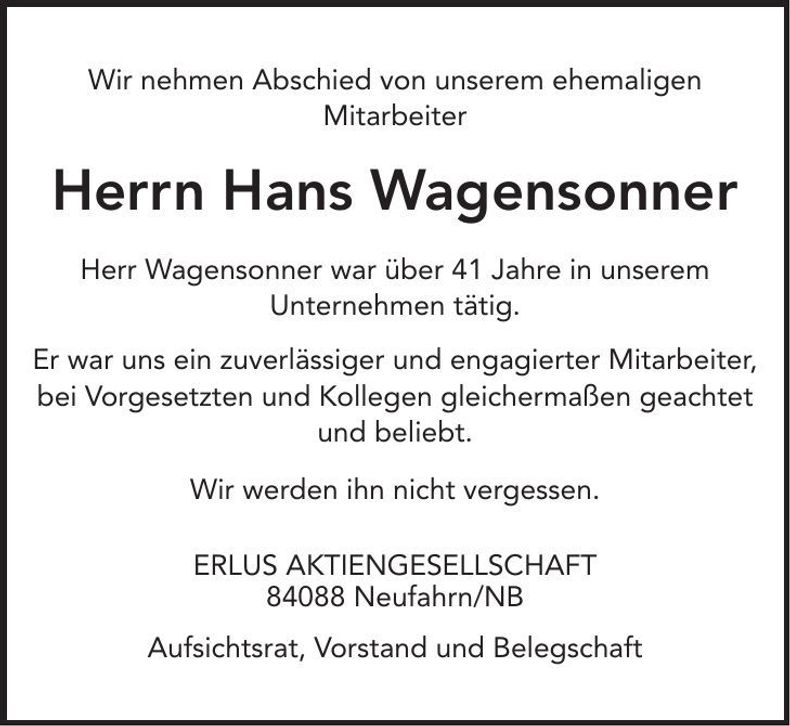 Traueranzeige Hans Wagensonner
