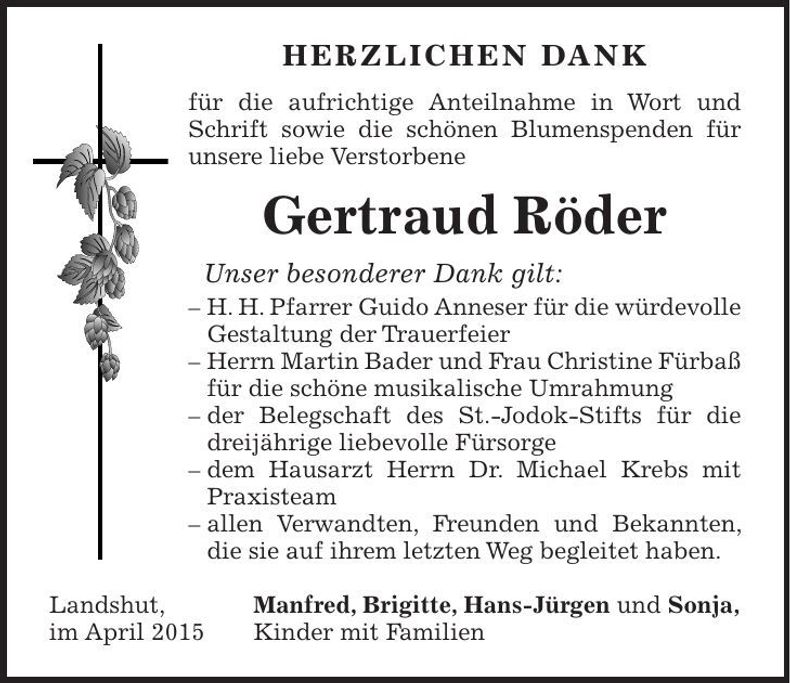 Traueranzeige Gertraud Röder