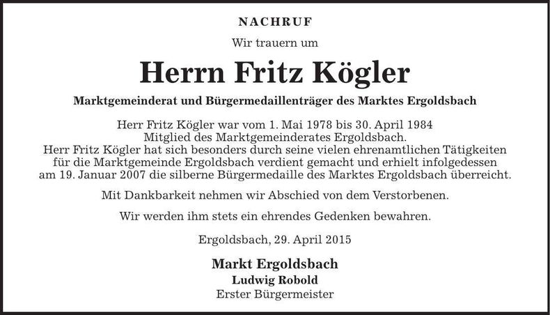 Traueranzeige Fritz Kögler