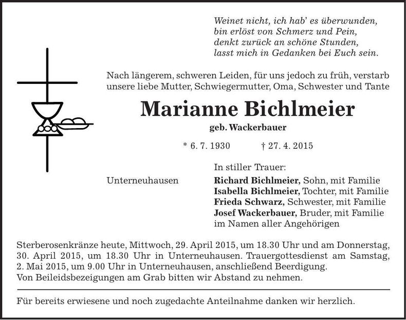 Traueranzeige Marianne Bichlmeier