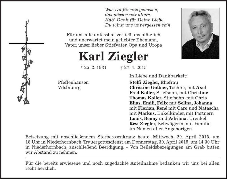 Traueranzeige Karl Ziegler