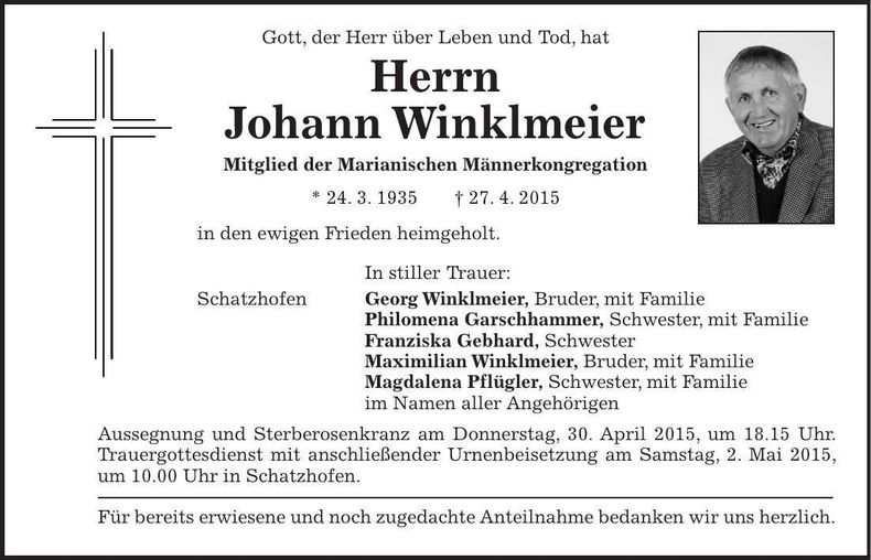 Traueranzeige Johann Winklmeier