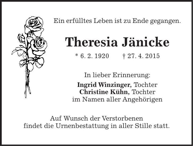 Traueranzeige Theresia Jänicke