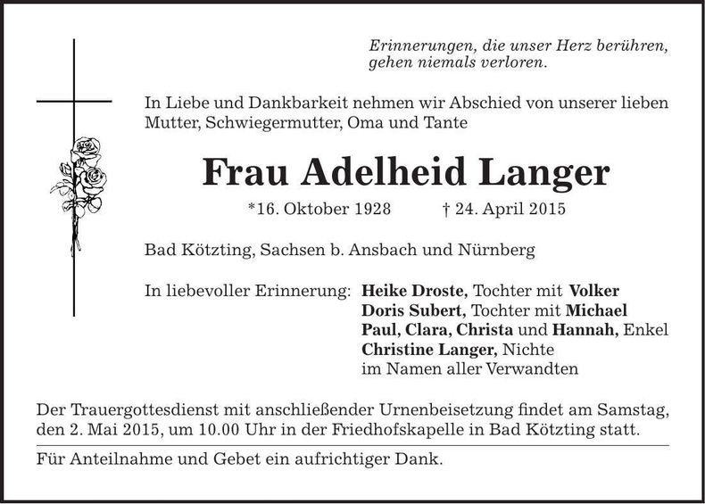 Traueranzeige Adelheid Langer