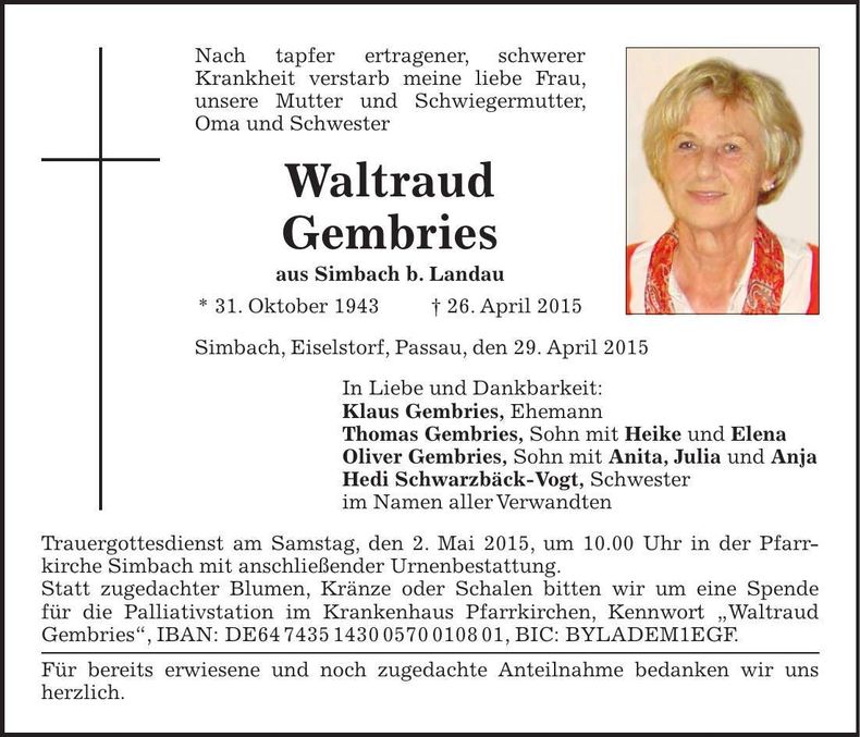 Traueranzeige Waltraud Gembries