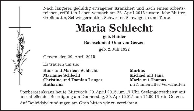 Traueranzeige Maria Schlecht