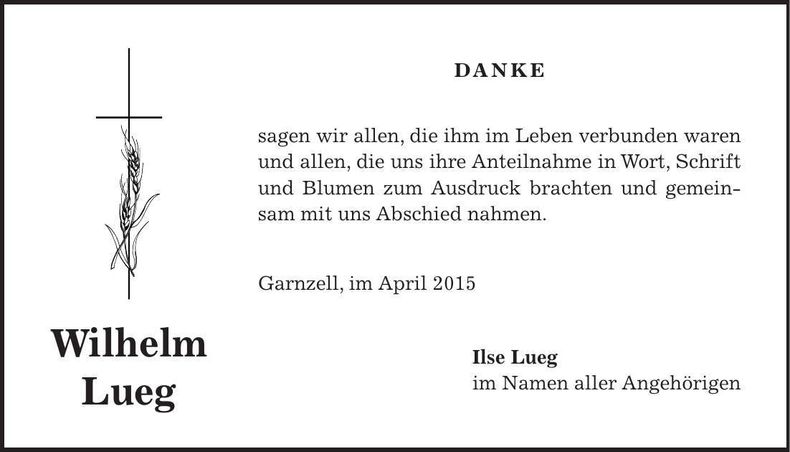Traueranzeige Wilhelm Lueg