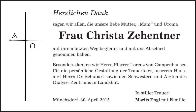 Traueranzeige Christa Zehentner