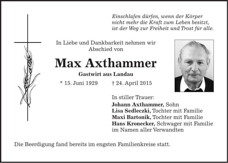 Traueranzeige Max Axthammer