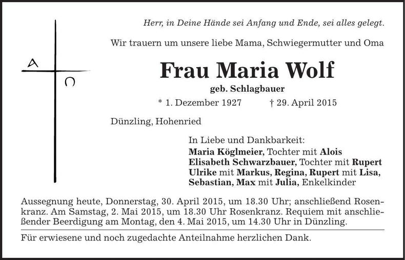 Traueranzeige Maria Wolf