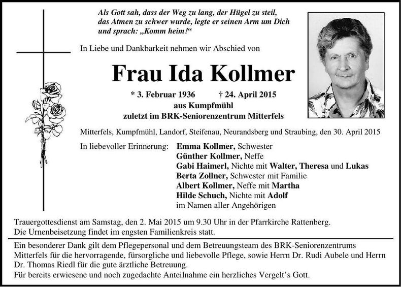 Traueranzeige Ida Kollmer