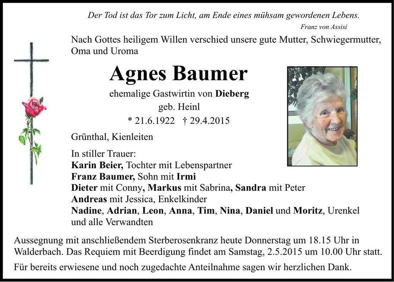 Traueranzeige Agnes Baumer