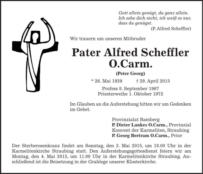 Traueranzeige Alfred Scheffler O. Carm.