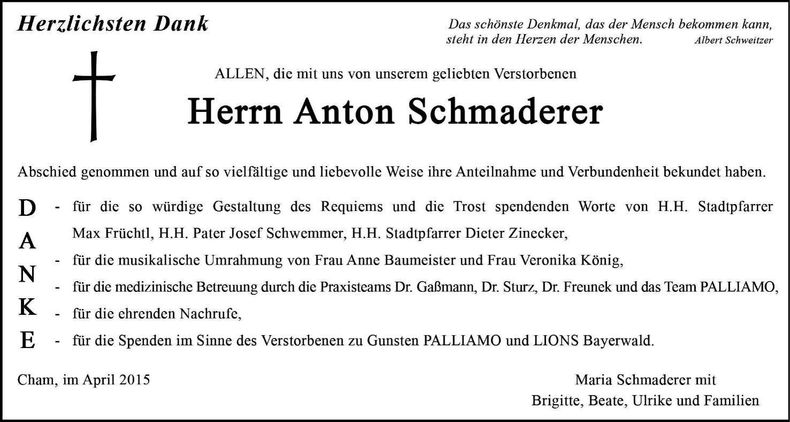Traueranzeige Anton Schmaderer