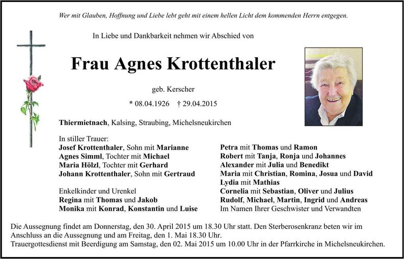 Traueranzeige Agnes Krottenthaler