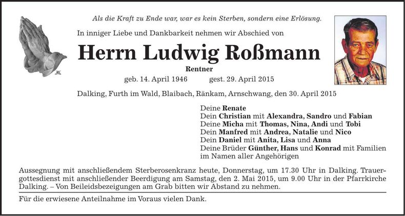 Traueranzeige Ludwig Roßmann