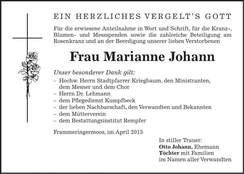 Traueranzeige Marianne Johann