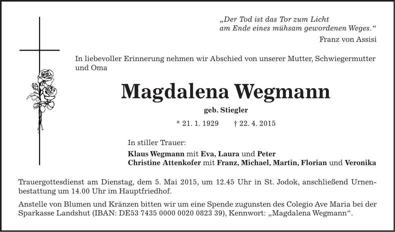 Traueranzeige Magdalena Wegmann