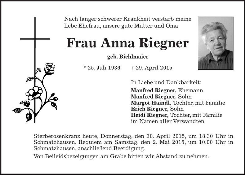 Traueranzeige Anna Riegner