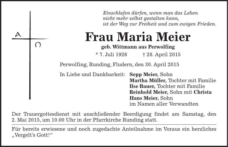 Traueranzeige Maria Meier