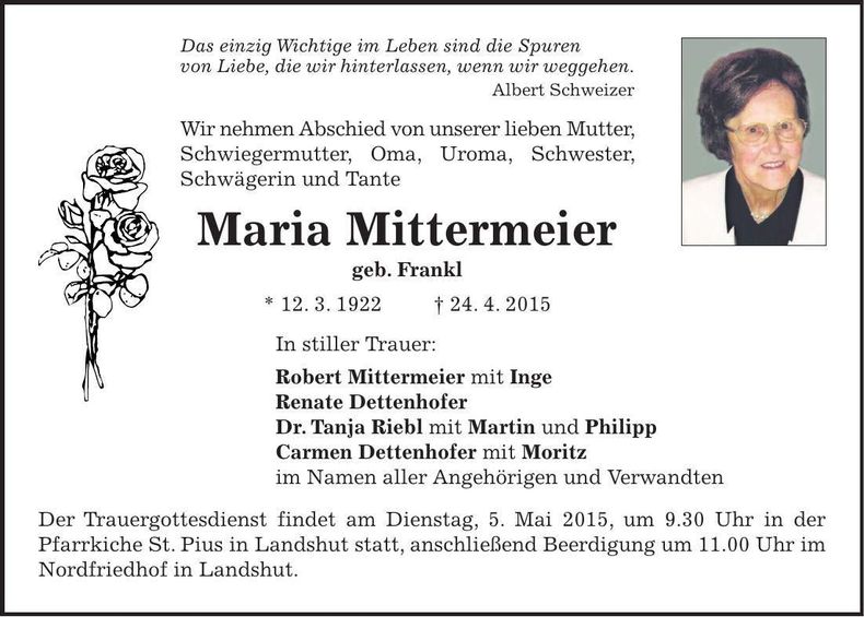 Traueranzeige Maria Mittermeier