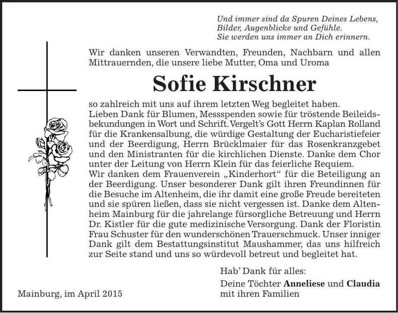 Traueranzeige Sofie Kirschner