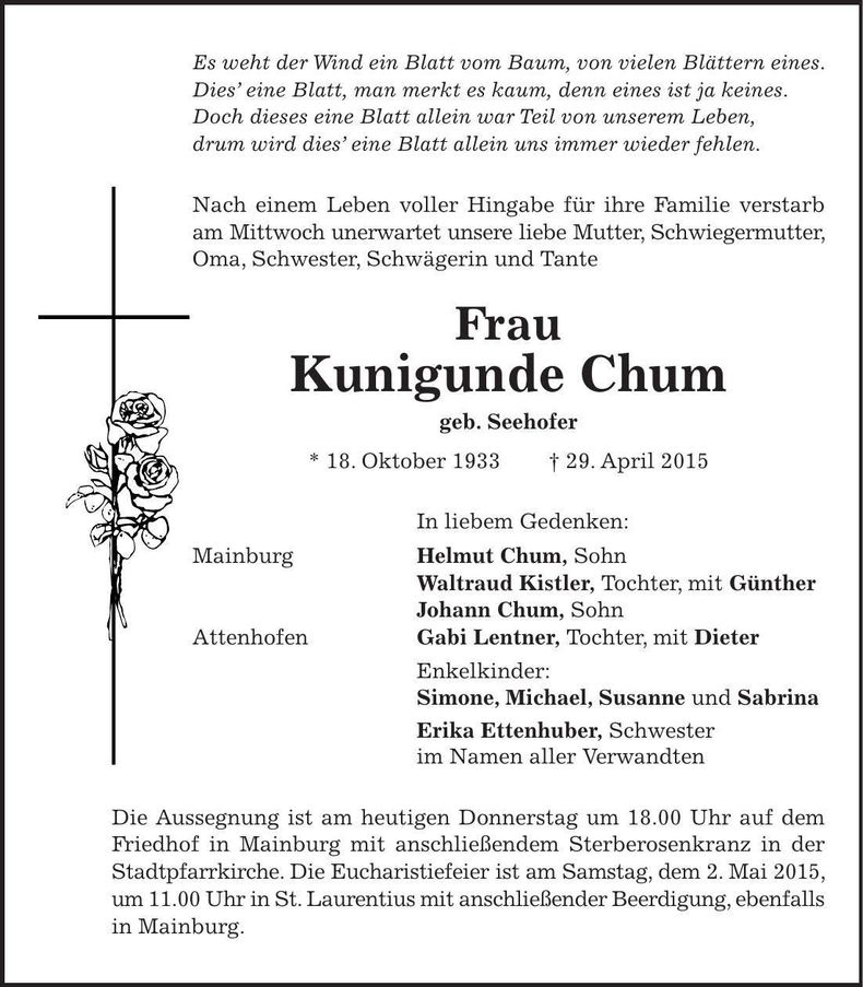 Traueranzeige Kunigunde Chum