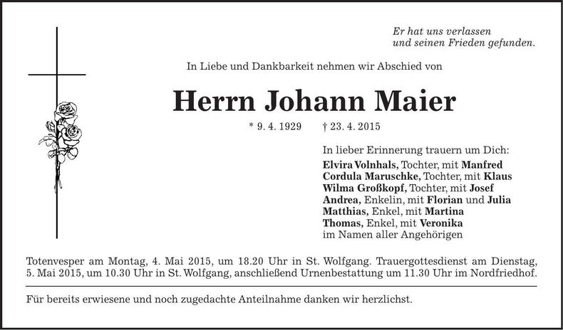 Traueranzeige Johann Maier