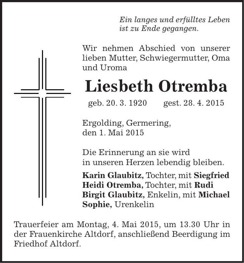 Traueranzeige Liesbeth Otremba