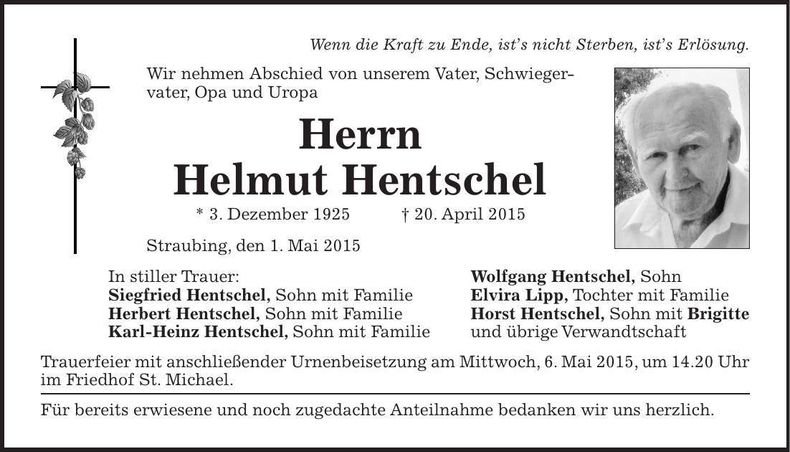 Traueranzeige Helmut Hentschel