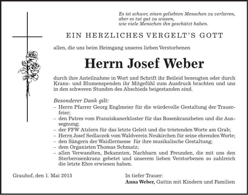 Traueranzeige Josef Weber