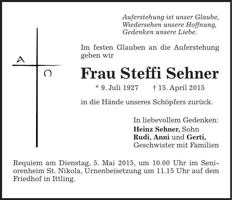 Traueranzeige Steffi Sehner