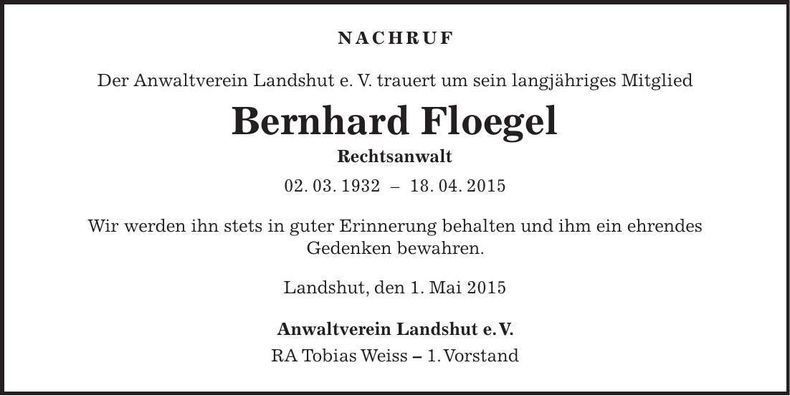 Traueranzeige Bernhard Floegel