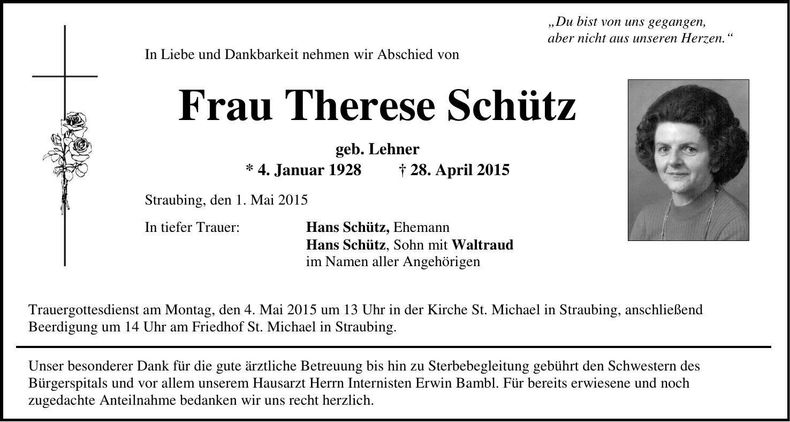 Traueranzeige Therese Schütz