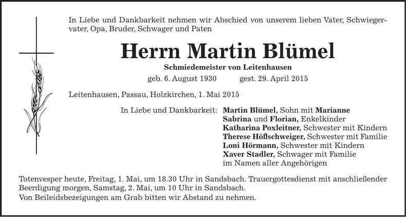 Traueranzeige Martin Blümel