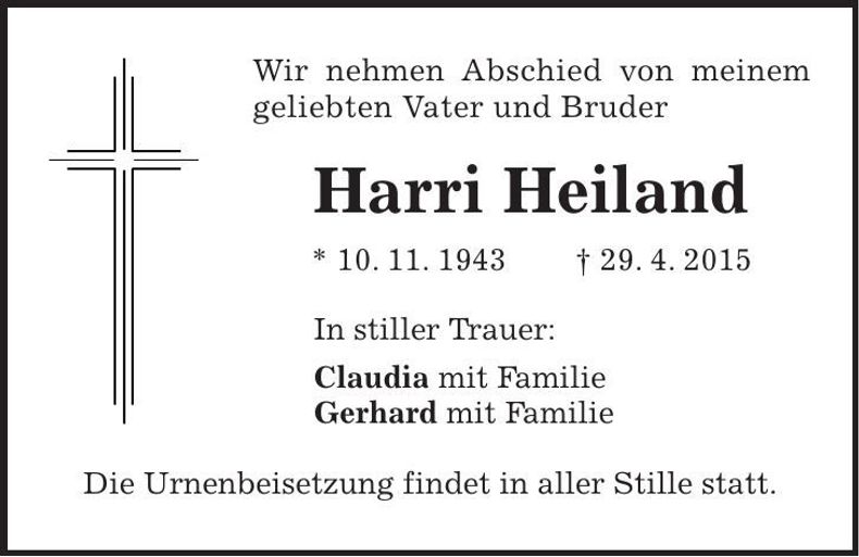 Traueranzeige Harri Heiland