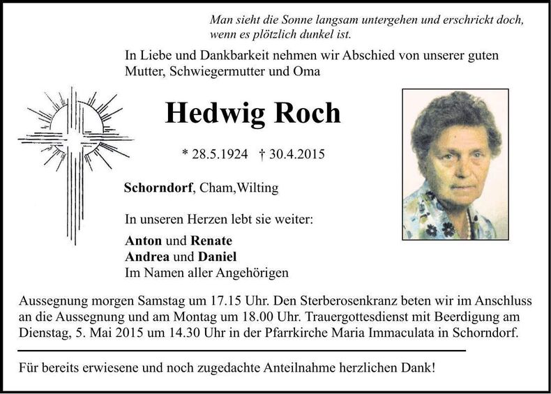 Traueranzeige Hedwig Roch