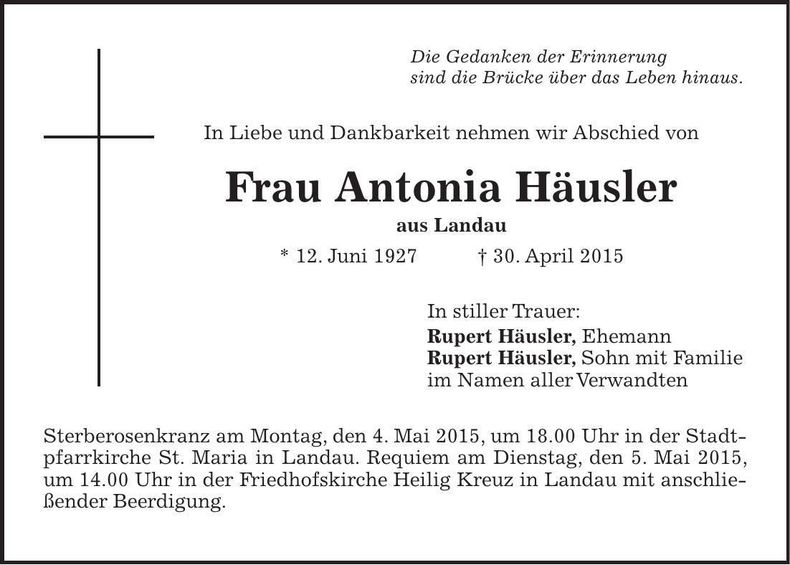 Traueranzeige Antonia Häusler