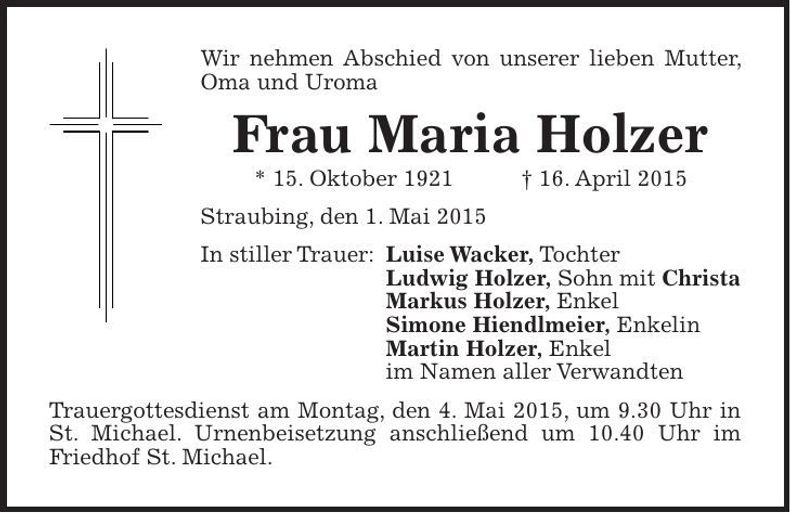 Traueranzeige Maria Holzer