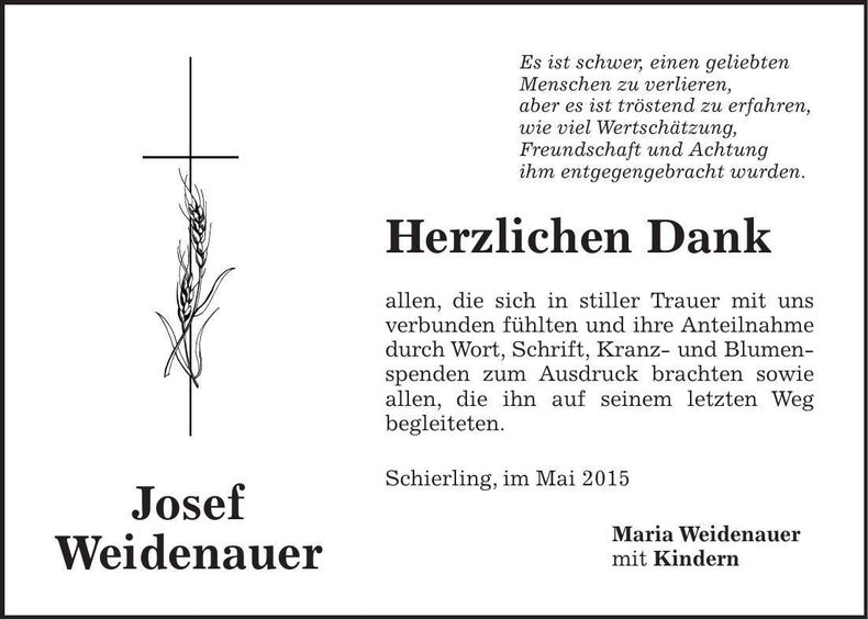 Traueranzeige Josef Weidenauer